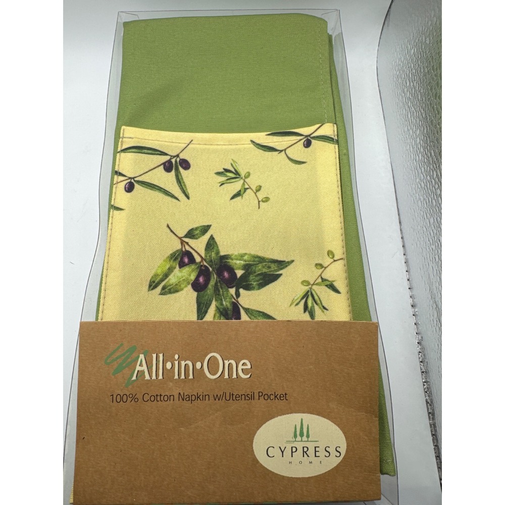 Cypress Home All-in-One 100% Cotton Napkin Set with Utensil Pocket Olive 4pc NEW